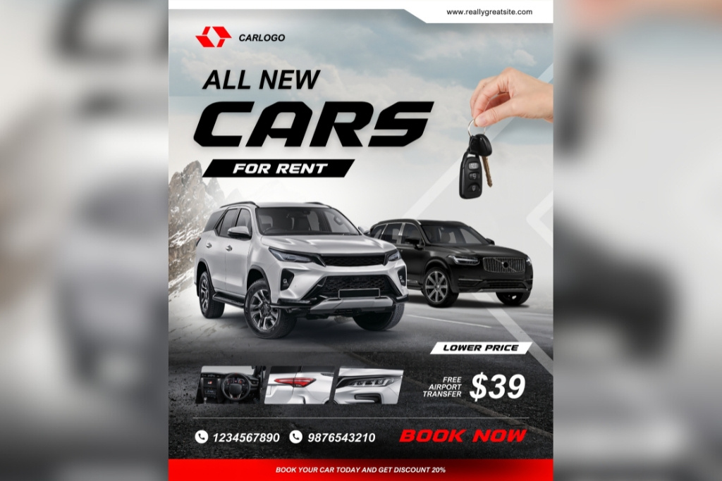 Affordable Car Rental Flyer Design | Modern Cars for Rent Templa branding car rental advertising design digital marketing flyers graphic design marketing social media