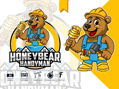 Honey Bear Handyman Mascot Logo animal handyman home home service honey bear house maintenance mascot