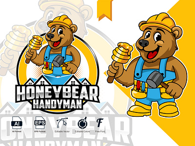Honey Bear Handyman Mascot Logo animal handyman home home service honey bear house maintenance mascot