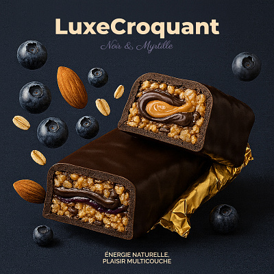 LuxeCroquant – Noir & Myrtille (Packaging Concept) branding chocolate bar energy bar figma food design french branding packaging design product design