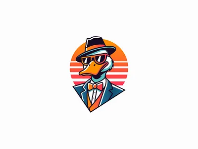 Stylish Duck In Suit Logo bird bow tie branding cool design duck fashion fedora hat identity illustration logo mark mascot retro stylish suit sunglasses symbol vector