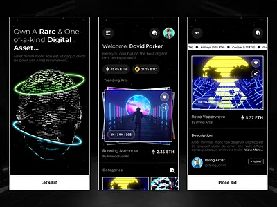 NFT Auction App app design auction cryptoart cryptocurrency digital asset digital items digital wallet mobile app design mobile ui nft nft app nft auction nft bid nft design nft market nft marketplace nft shop nfts ui