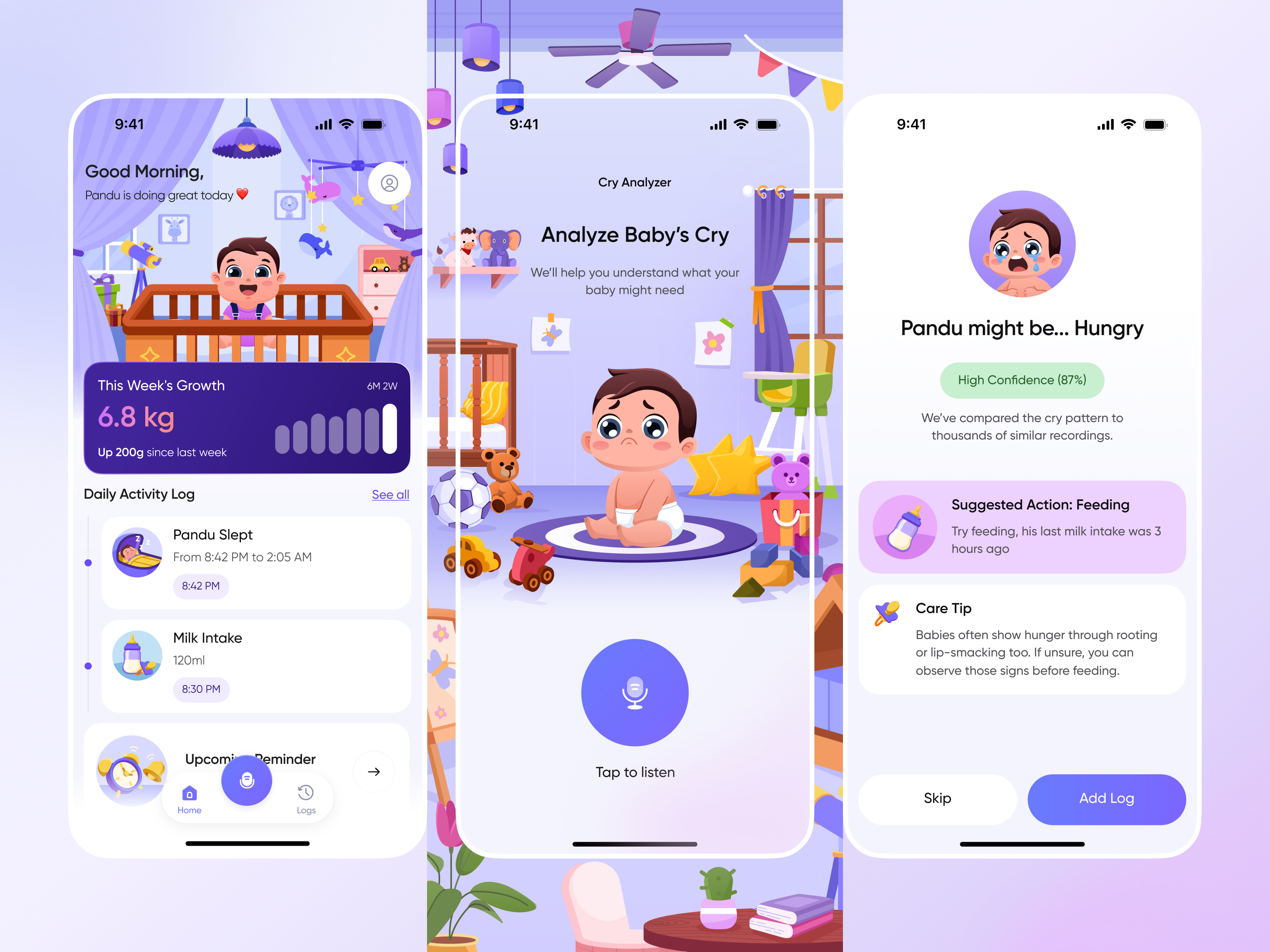 Baby Cues - Baby Cry Analyzer App 👶🏻 app baby baby monitor clean cry analyzer feeding growth habits health illustration mobile monitoring orely parenting sound detection tracker ui ux