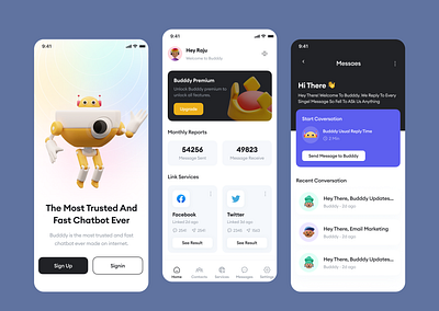 Budddy – Smart & Modern Chatbot App app concept app exploration chat ui chatbot clean design creative app dashboard ui design system figma interaction design interface design minimal design mobile app mobile ux modern ui product design prototype ui design user experience ux design