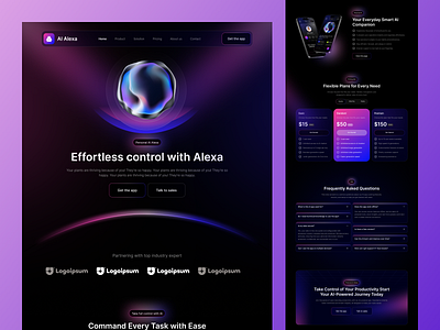 AI Alexa – Smart AI Control Website Design ai ai landing page ai tool ui ai website design alexa artificial intelligence dark mode futuristic ui gradient landing page modern saas design pricing page responsive design saas landing page smart assistant software website design tech design ui ux web design web ui