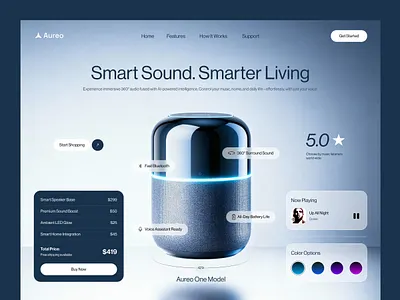 Auroe - Smart Speaker Landing Page interface landing page product service sound speaker startup uiux web design webpage