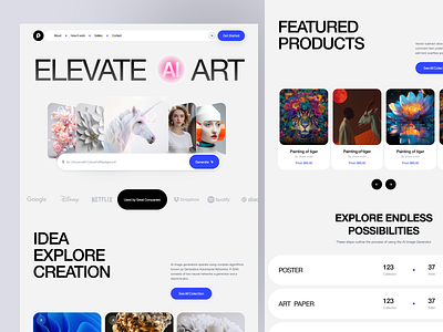 Elevate AI Art - Modern Website Design ai art generator ai platform design art creative platform digital art website futuristic ui modern web design product design product integration ui uiux design web design website design