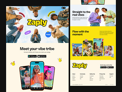 Zaply — Social Media App Landing Page | UI/UX web Design app landing page app website design chat app community app friendship app genz mobile app modern ui responsive web design social app landing social media app social networking top design agency ui design uiux uxui design agency video sharing app web design youth app