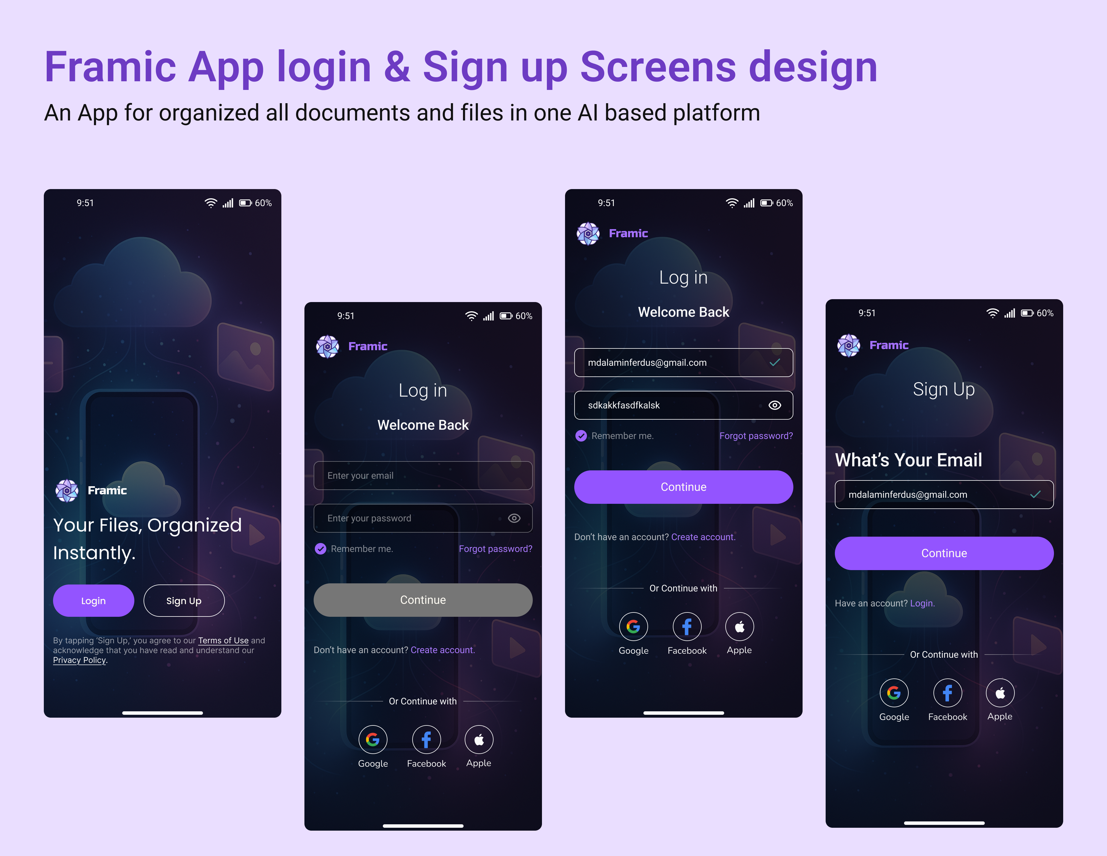 AI Based File Organization App Login-nSign Up Screens Design ai powered app ai storage app app login concept app login signup flow clean interface designinspiration email login ui file organizer ui futuristic app ui minimal login page mobile onboarding screen modern design modern mobile app password input design product design signup screen design ui uiux design user authentication ui ux login signup screens