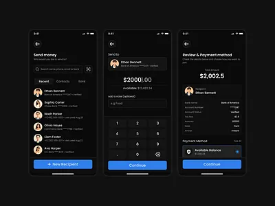 Fintech Mobile App - Transfer/Send Money Flow app banking app clean design dark mode design figma fintech minimalist mobile app payments ui user experience user interface ux
