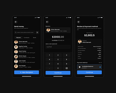 Fintech Mobile App - Transfer/Send Money Flow app banking app clean design dark mode design figma fintech minimalist mobile app payments ui user experience user interface ux