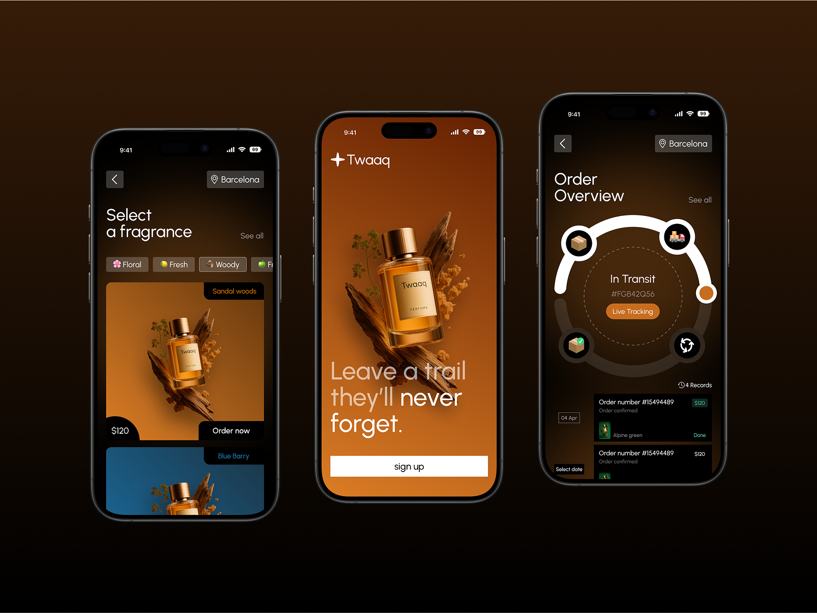 Twaaq – Perfume Shopping & Tracking App app interface dark mode ui dribbble ui ecommerce app ecommerce ui elegant ui fragrance app luxury app design minimal app design mobile app design mobile app ui modern ui design order tracking app perfume app premium ui product design product showcase shopping app design ui concept uiux design