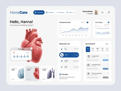 Patient Health Dashboard | HomeCare branding dashboard design doctor graphs health health monitoring home doctor medical booking app medical care medical dashboard medication list medics online consultation online doctor booking patient dashboard schedule ui design ux ui