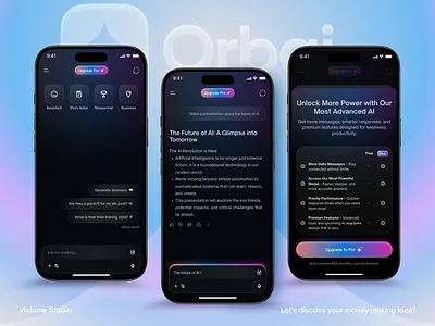AI Chat App UI – iOS Dark Mode with Voice, Pro Upsell & Tools ai ai app ai assistant ai chat app ai message app design branding chatbot dark mode chatbot mobile ui document editor ui gradient dark ui ios mobile ui premium upsell product design productivity app design prompt interface saas subscription paywall ui design voice assistant ui