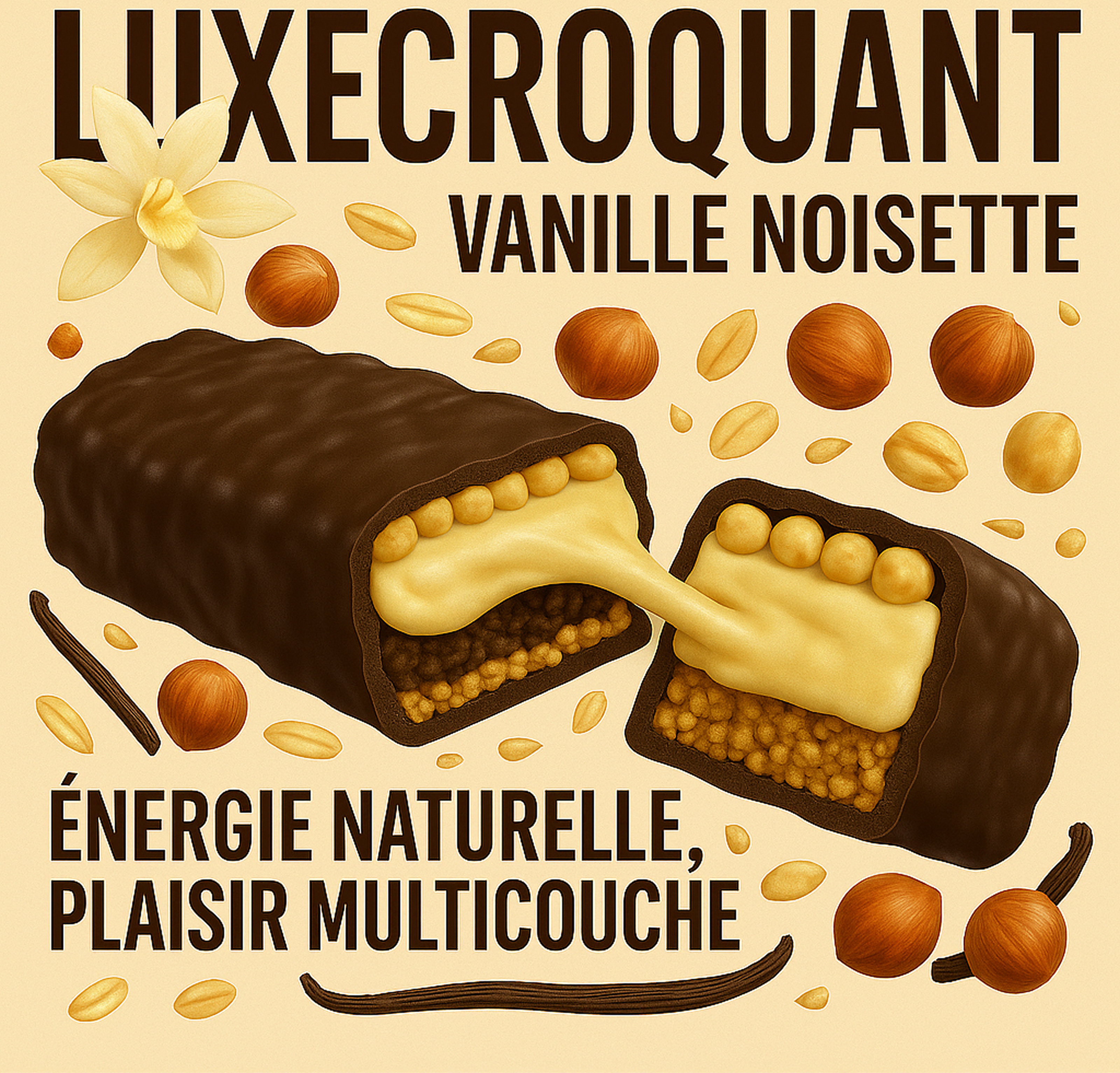 LuxeCroquant – Vanille Noisette (Packaging Concept) branding chocolate bar energy bar figma food design french branding packaging design product design