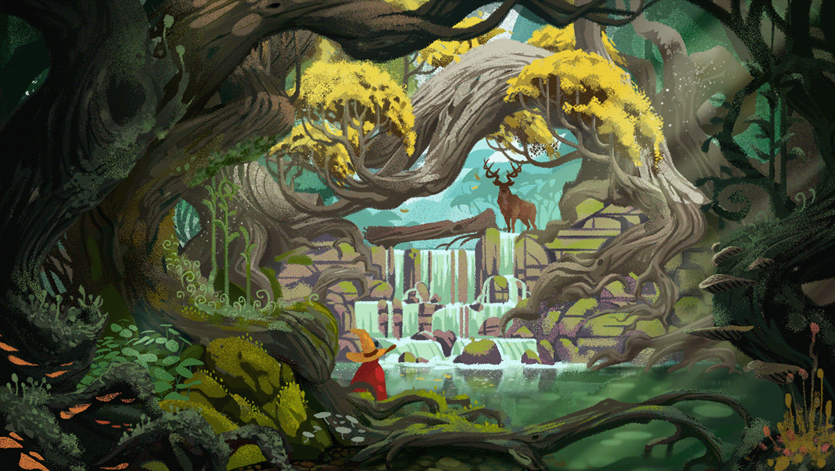 And so the quest begins! adobe aftereffects animation backgrounddesgin brush characterdesign deer fantasy glow green illustration magic muti nature photoshop scenedesign texture trees water waterfall