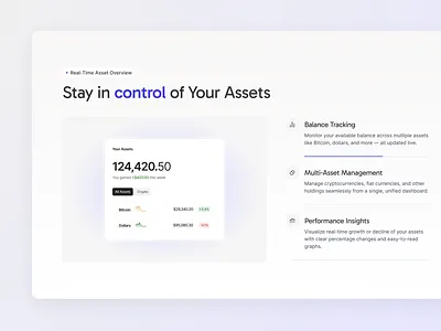 Crypto Feature section Website Design assets balance bitcoin blockchain card clean crypto cryptocurrency ethereum features finance financial landing page money purple ui design wallet website design