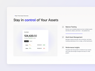 Crypto Feature section Website Design assets balance bitcoin blockchain card clean crypto cryptocurrency ethereum features finance financial landing page money purple ui design wallet website design
