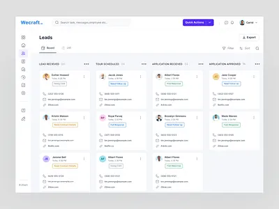 Rental PMS - Kanban Board buy sell clean ui dashboard kanban board leads lease pms product design property property management real estate rental rental management saas saas tool tenant ui design web webapp