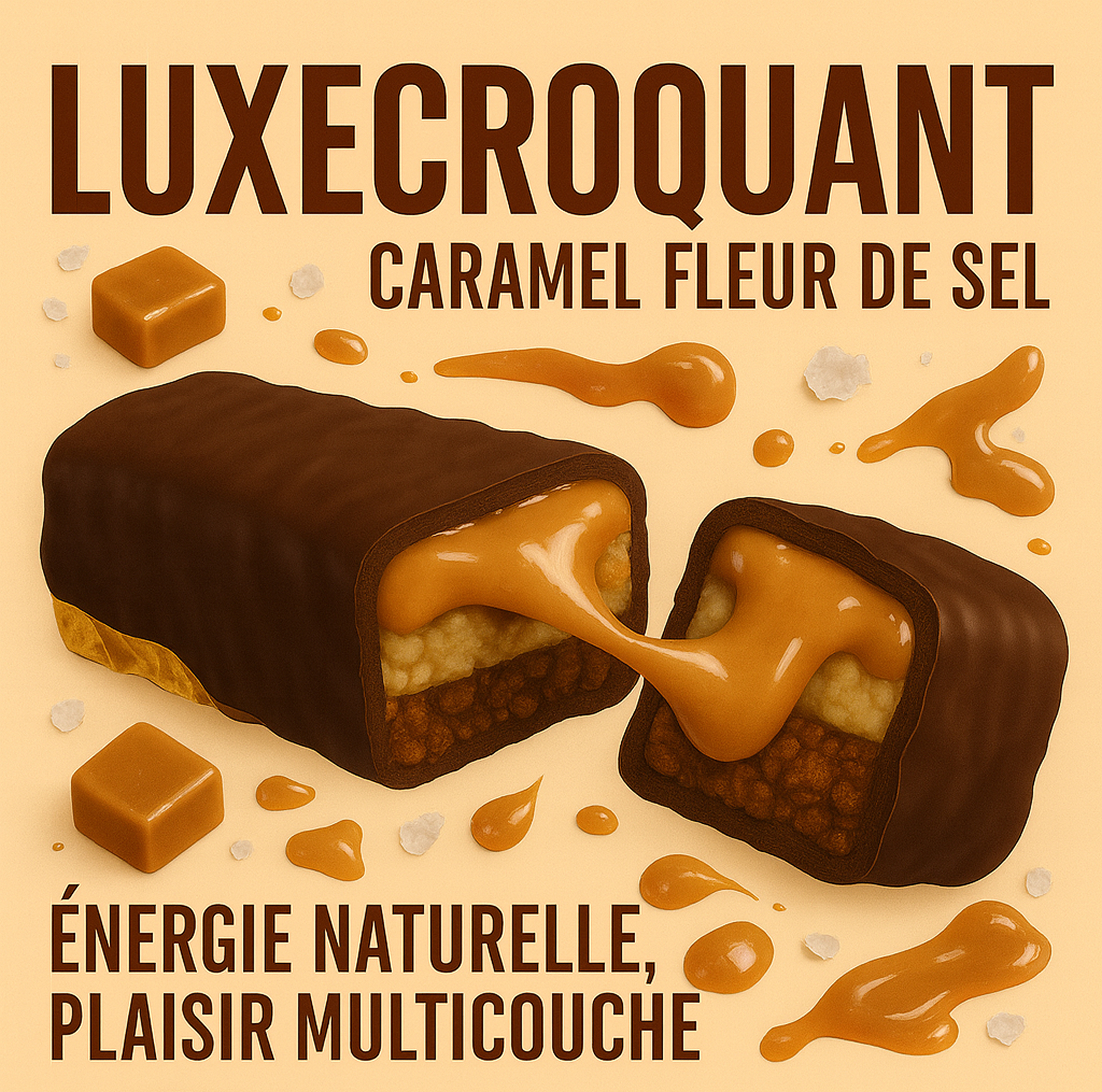 LuxeCroquant – Caramel Fleur de Sel (Packaging Concept) branding chocolate bar energy bar figma food design french branding packaging design product design