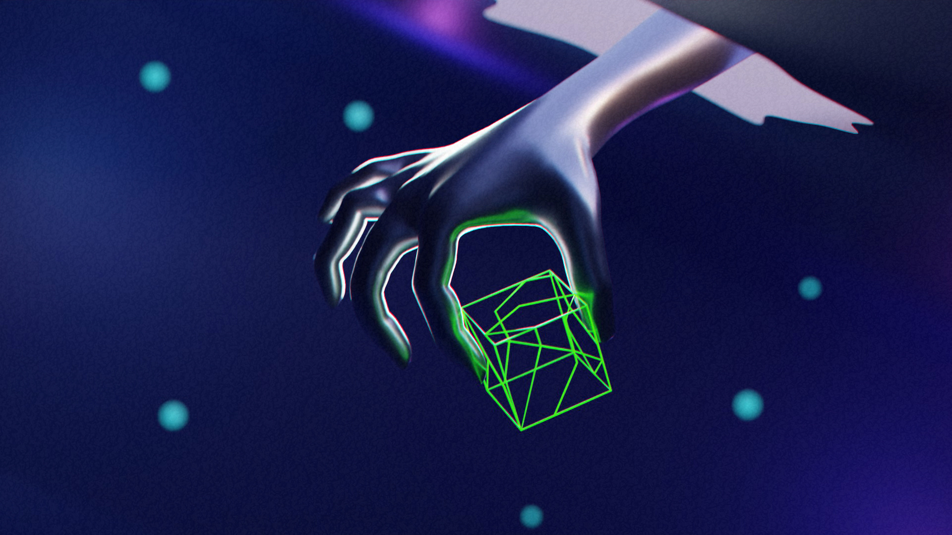 3D Illustration - Futuristic Hand Holding Digital Cube 3d 3d illustration abstract blender concept art cosmic cyberpunk digital art futuristic geometric illustration neon sci fi surreal