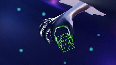 3D Illustration - Futuristic Hand Holding Digital Cube 3d 3d illustration abstract blender concept art cosmic cyberpunk digital art futuristic geometric illustration neon sci fi surreal