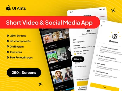 Short Video & Social Media App UI Kit app connect and share content creator creative community graphic design mobile screen short video app social media app social networking trending app ui ui design uikits uiux ux design video community video editing app video platform video sharing