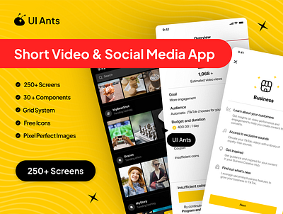 Short Video & Social Media App UI Kit app connect and share content creator creative community graphic design mobile screen short video app social media app social networking trending app ui ui design uikits uiux ux design video community video editing app video platform video sharing