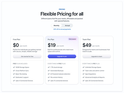 Neptune Pricing section cloud storage figma landing page pricing section saas ui ui design