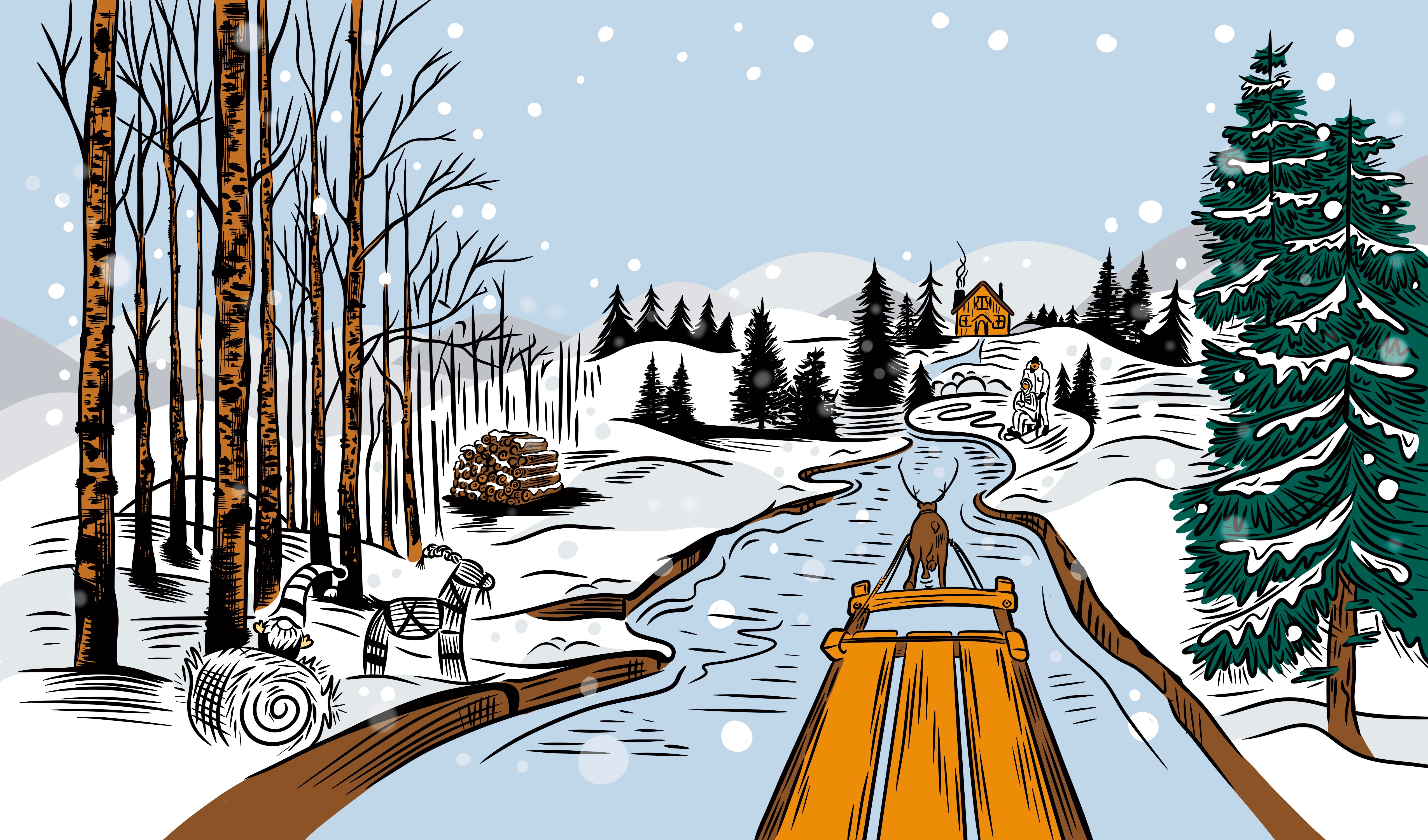 Sweden Sleigh Ride digital illustration drawing elf graphic design hand drawn illustration illustration art illustrator line art nordic pines reindeer reindeer sleigh scandinavian scene sled snow sweden winter woods