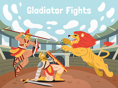Gladiator fights animals arena armor characters fights flat gladiator illustration roman vector weapon
