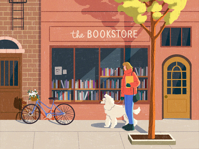 The Bookstore books bookstore building city dog flourishing illustration storefront street texture walking