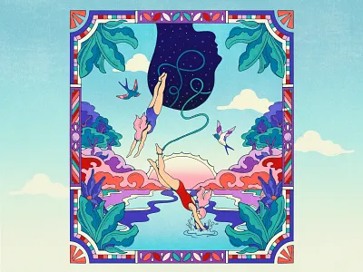 Out of My Head - Into Nature Part 2 70s australian artist colorful decorative border diving hand drawn illustrated scene illustration lively scout mental health illustration nature procreate psychedelic retro swimming illustration vintage illustration