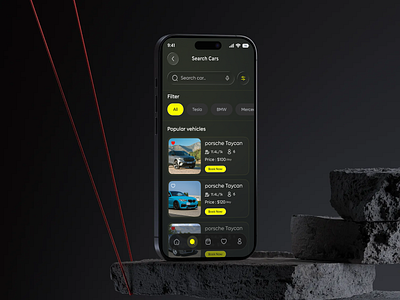 🚗 Car Rental Mobile App – Search Page app concept app design booking app car app car booking car rental car search car service clean ui dark theme ui minimal design mobile app mobile ui modern ui product design rental app search page ui design user interface ux design