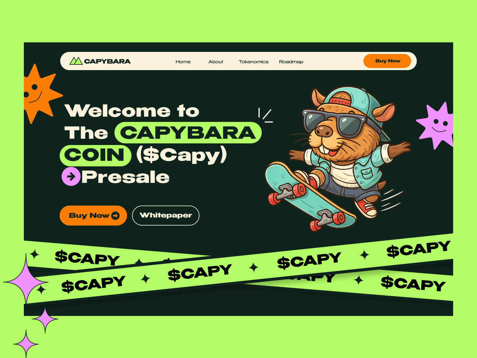 CAPYBARA - crypto meme token branding crypto cryptocurrency graphic design illustration labubu landing page mascot mem meme meme coin meme coin landing page meme landing page meme token memes presale token web design website