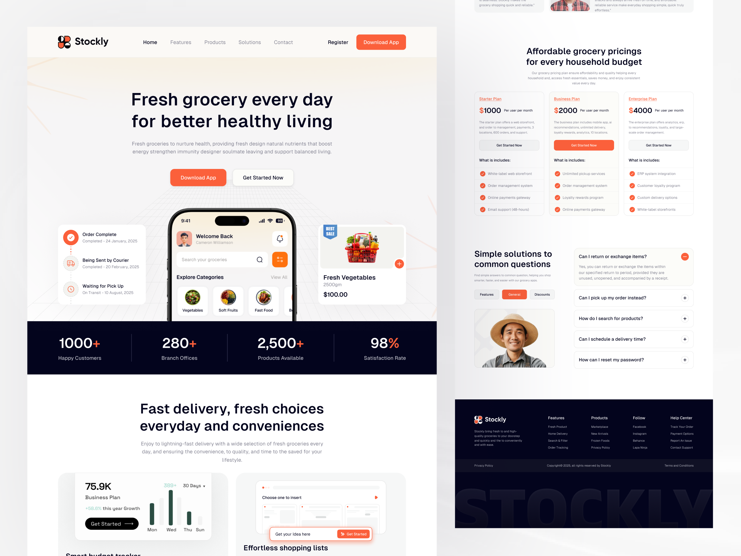 Grocery App Landing Page ai app app design clean design digital design e commerce features food delivery grocery app landing page mobile app mobile ui online shopping pricing product design responsive design tesomonial uiux design user experience user interface web design