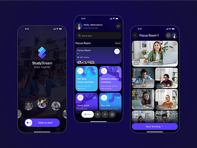 StudyStream - Group Study App Design app design education education app elearning elearning app foocus room ios learning app learning platform mobile app online course online course app online learning app online study school school app study app teaching app ui design ui ux design