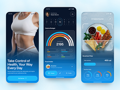 AI Calorie Counter & Fitness Tracker App – Health & Wellness UI ai ai app ai calorie counter ai nutrition app app design calorie counter app diet tracking app fitness fitness app ui food scanner app design gradient ui health fitness ui health tracker app mobile mobile app mobile health dashboard modern mobile app design nutrition app concept wellness mobile app