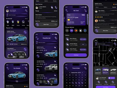 Car Rental Mobile app UIUX app design calender carbookingapp card carhire carrentalapp casestudy darkui designinspiration dribbbleshots interactiondesign minimaldesign mobile app mobileappdesign mordern design payment rent transportapp travelapp uidesign
