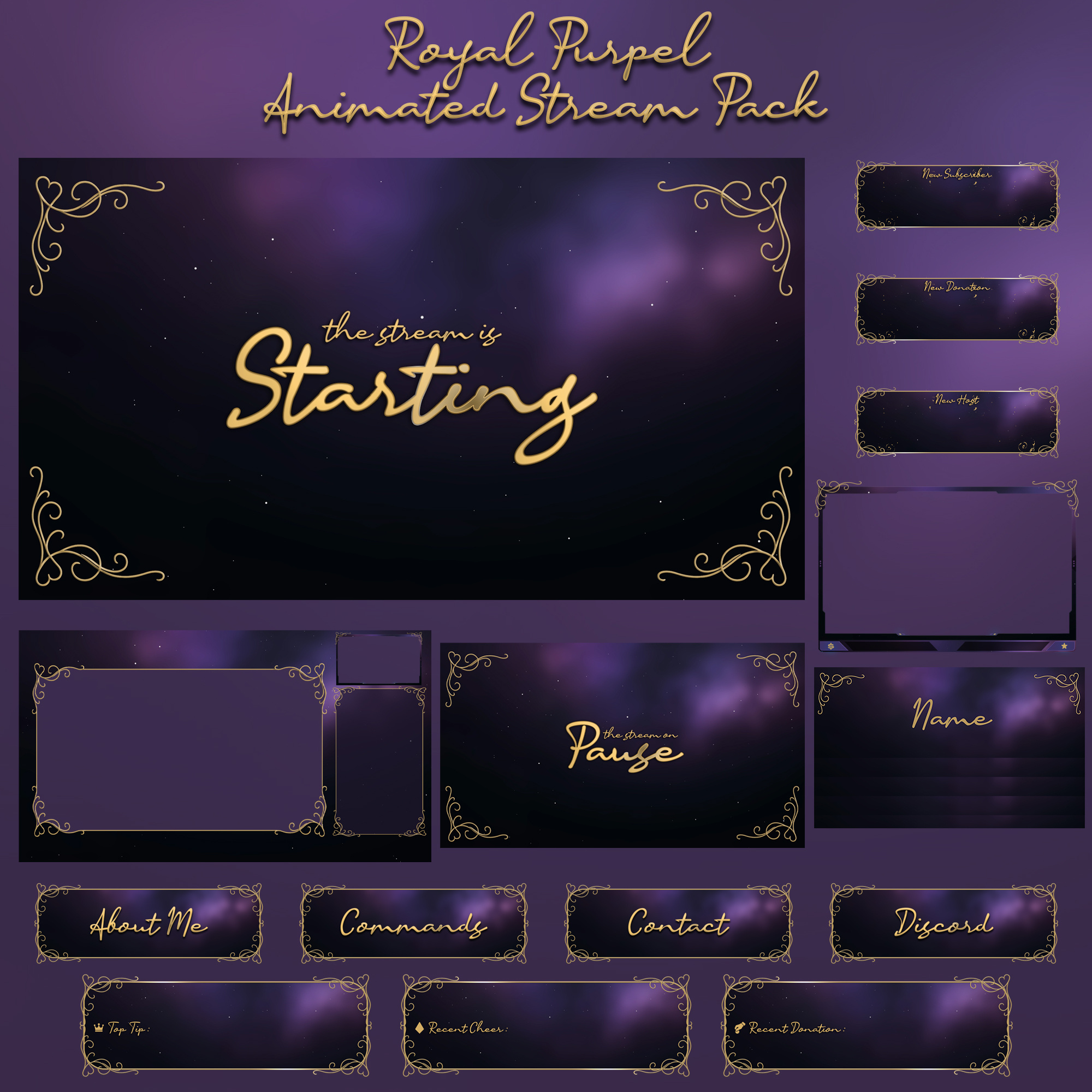 Royal Purple Animated Stream Package: For Twitch Overlay & kick animated pack stream animated screens banner branding design illustration kick overlay kick screens kick stream animated overlay overlay overlay stream pack stream overlay stinger transition stream stream design stream pack twitch ui