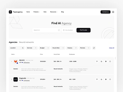 AI Agencies Platform agency ai artificial intelligence clean dashboard find homepage interface landing page listing minimal platform portfolio website product design review search ui ux webapp webdesign website