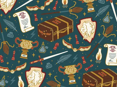 Gryffindor inspired pattern books broom gryffindor harry potter hogwarts illustration lion magical pattern quidditch snitch stars witch wizard