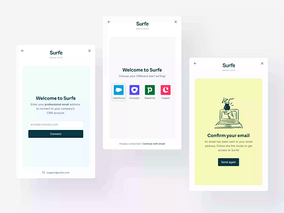 Onboarding flow to Connect with your CRM — Surfe UI clean design connect connect with email crm dark mode design system figma light mode log in minimal design minimalistic onboarding onboarding modals product design product flow sales flow sign in ui design user flow welcome screen