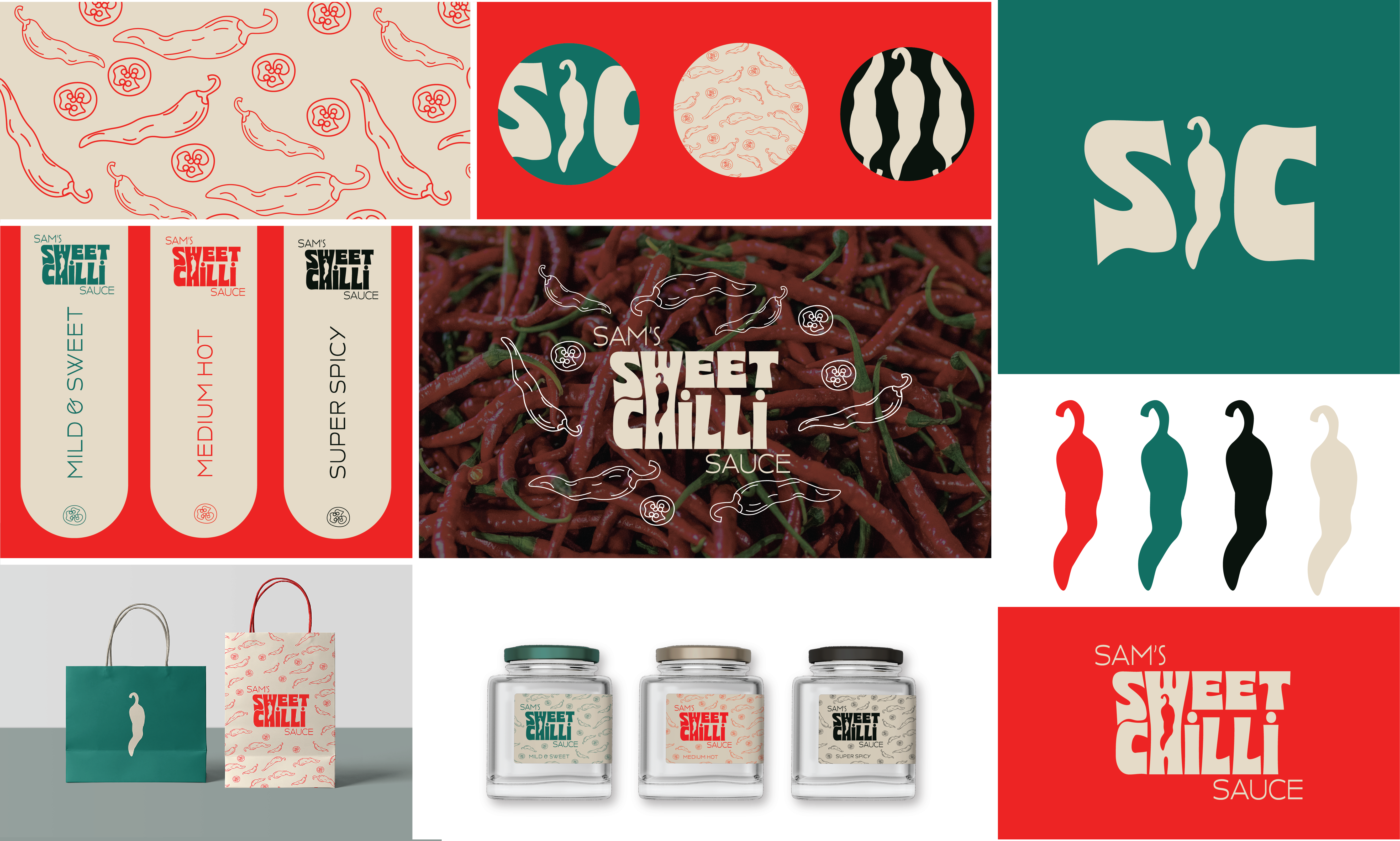 Sams Sweet Chilli Sauce Brand Identity brand identity branding design food graphic design illustration logo marketing design modern pattern packaging retail visual storytelling wordmark