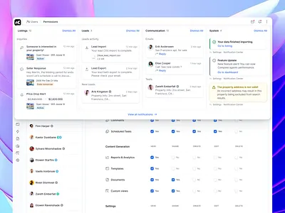 Notification dropdown for dashboard saas CRM dashboard dropdown megamenu menu modal notification notifications page product design property real estate saas shadcn web app