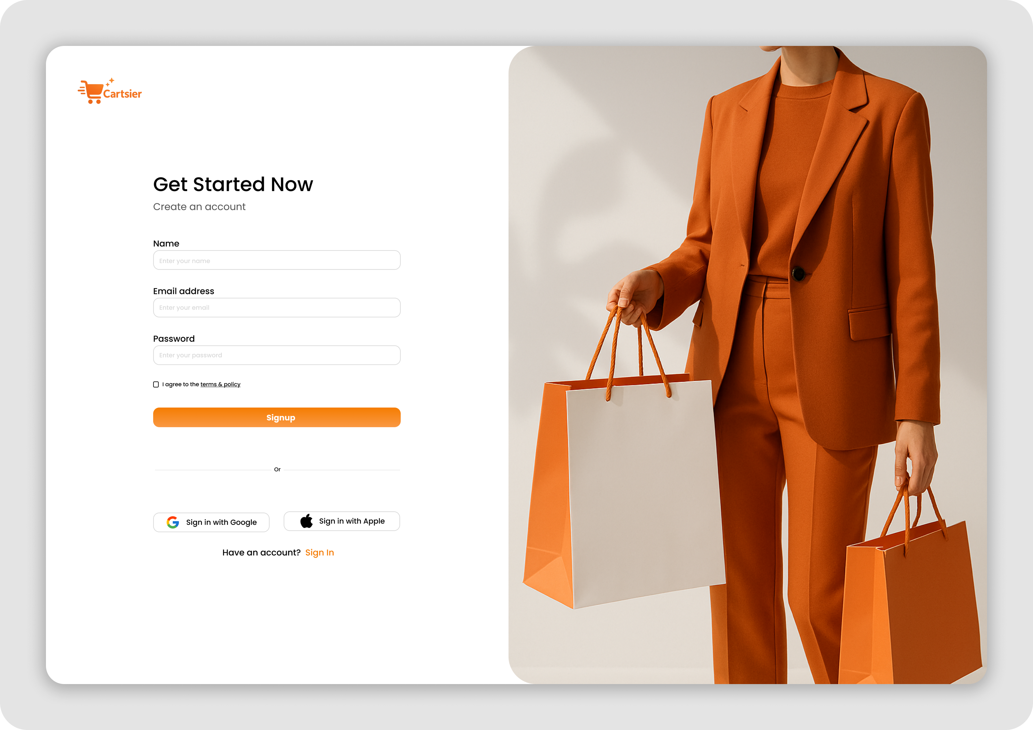 Cartsier - Sign Up & Sign in Desktop UI Design cart cloth daily ui dailyui design desktop e commerce orange page screen shop shopping sign in sign up ui ux web website