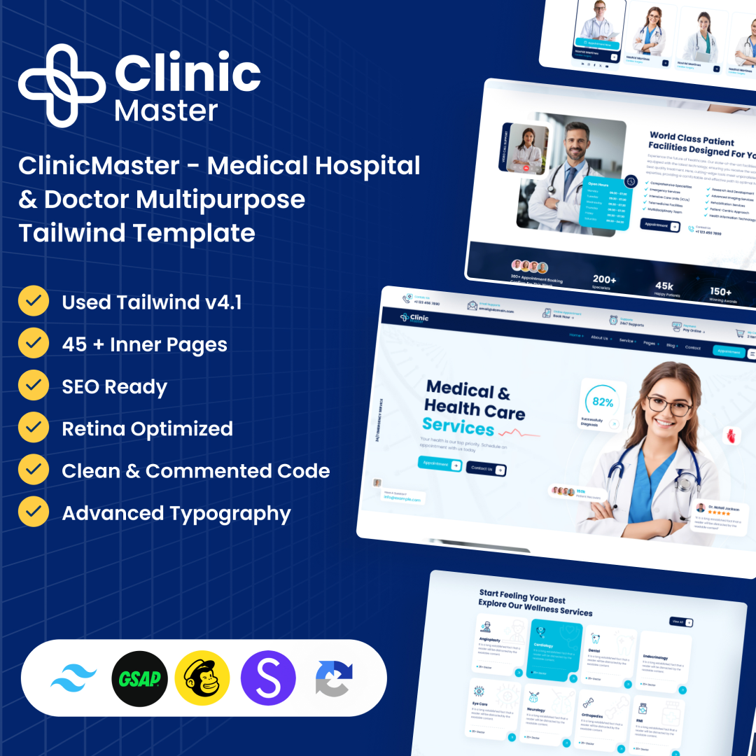 ClinicMaster - Health & Medical Tailwind CSS HTML Template animation branding creative design graphic design illustration logo motion graphics product design template typography ui ui design uiux user experience user interface ux vector web design website