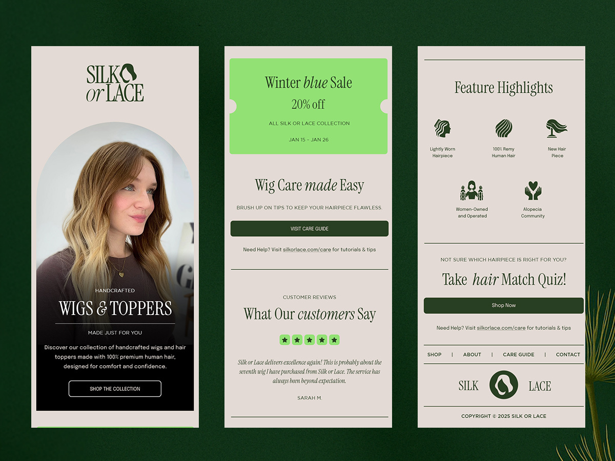 Luxury Wig Brand Email Design | Beauty Ecommerce Sale Newsletter branding design email design email marketing email promotion design graphic design hair care hair extensions hair wig illustration layout mailchimp design mailchimp template marketing marketing email design mockup responsive email design template website