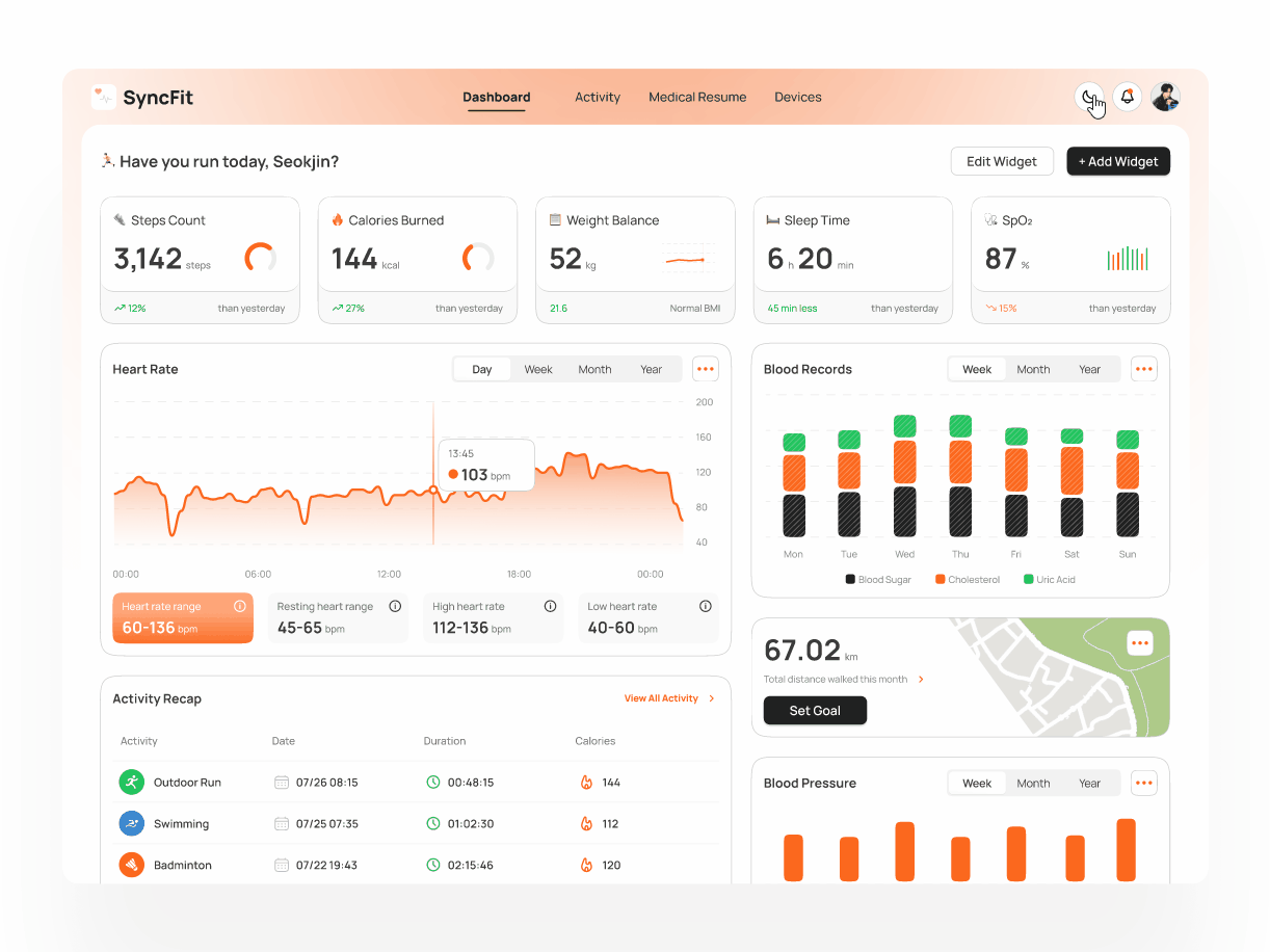 Health & Fitness Dashboard - Dark Mode Switch app dark mode dashboard design fitness health ui uidesign web