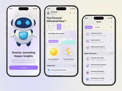 Ai Journal And Diary Mobile App ai app ai journal app app design clean design diary diary app emoji emotion tracking journal app meditation app mental health mental health assistant mobile app mobile design mood tracker mood tracker app ui uiux voice app